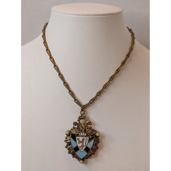 Vintage Brass Necklace Heraldic Shield Pendant W/ Lion Enamel & Rhinestones 15" - Picture 2 of 9